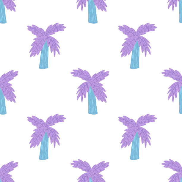 孤立明亮的卡通无缝图案与简单的紫色棕榈树剪影。白色背景。图片下载