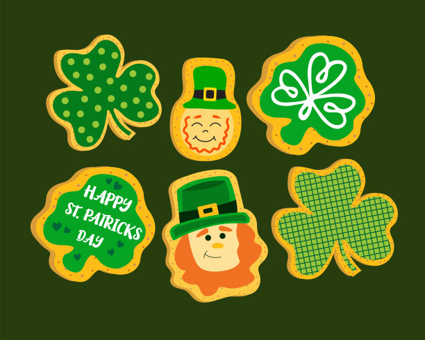 圣帕特里克节饼干套装。姜饼配三叶草釉。三叶草圣帕特里克节糖饼干。收集各种节日饼干:三叶草，小妖精。圣帕特里克节的象征。图片下载