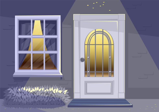 有门和窗的房子的正面，在晚上有灯笼的灯光图片下载