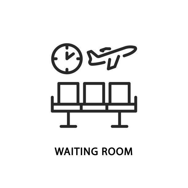 等候室平线图标。矢量插图排椅子，时钟和飞行飞机。航班延误图片下载