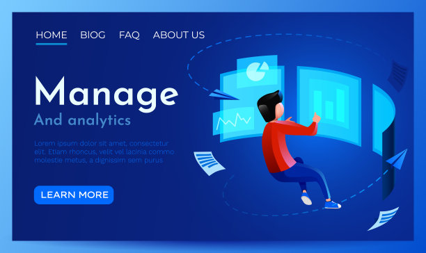 人们飞来飞去的虚拟显示器。分析数字数据、虚拟现实和财务管理。登陆页面网站模板。图片下载