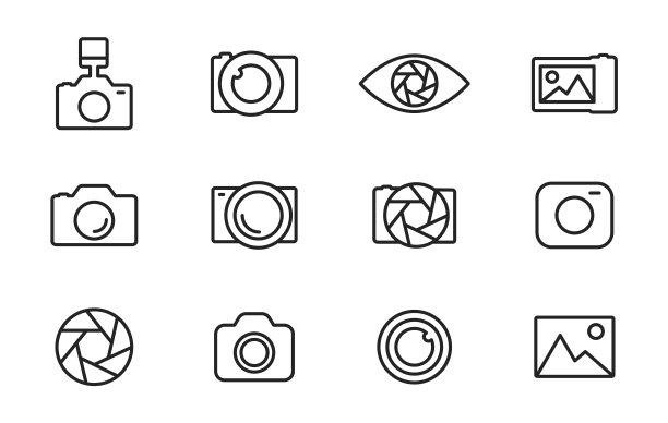 简单的一套图标的摄像机和摄影相机细线风格。摄影的图标集。摄像头图标。照片和视频图标。多媒体图标集。矢量图图片下载