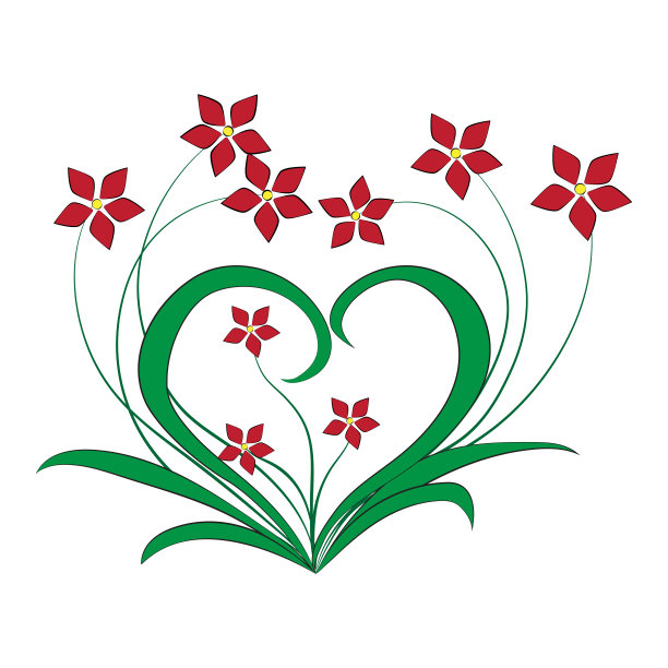 美丽的花朵，红色的花瓣，绿色的叶子，呈心形图片下载