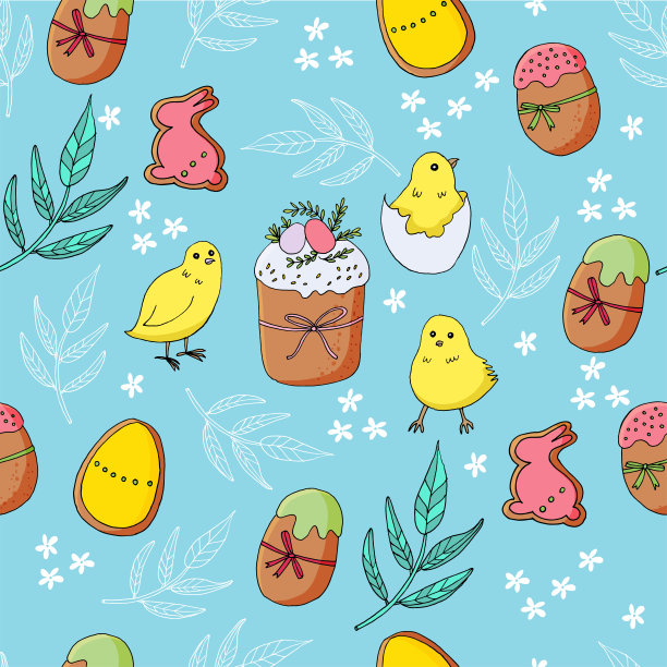 无缝图案与小黄小鸡。复活节蓝色背景。美味的糕点。美丽的设计，假日包装或印刷织物。图片下载