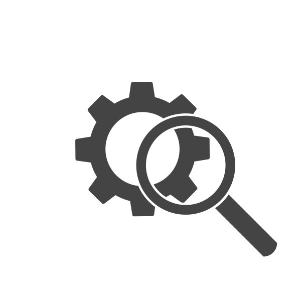 矢量齿轮工具搜索放大镜图标上的白色孤立背景。图片下载