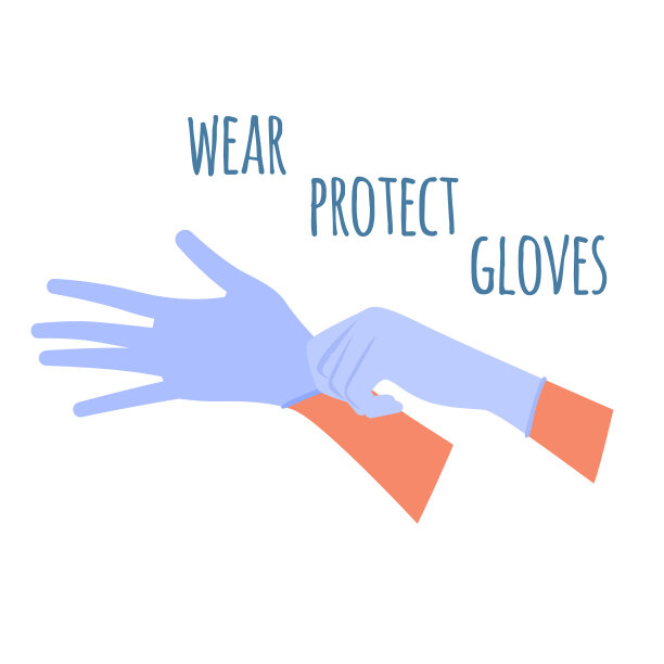 手把手套。戴上手套以保护白色背景上隔离文字的病毒海报。矢量插图在平面风格图片下载