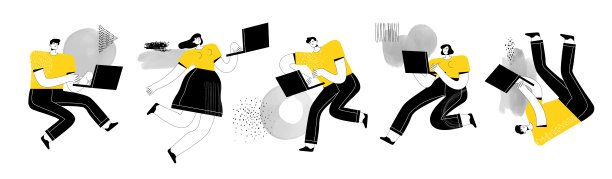 男人和女人用笔记本电脑工作和学习。不同姿势的人用笔记本电脑和水彩画点飞来飞去图片下载