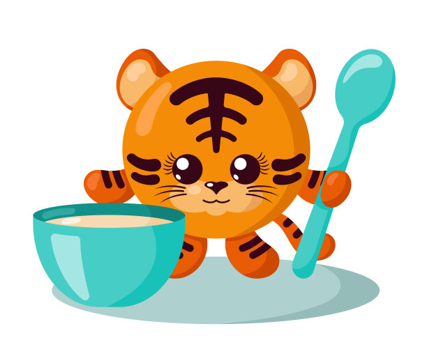 有趣可爱的卡哇伊老虎圆身体，勺子和碗的平面设计与阴影图片下载