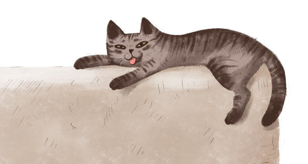 条纹灰棕色条纹滑稽的小猫躺在沙发角落的横幅上。猫露出舌头。有趣的角色。文本的地方图片下载