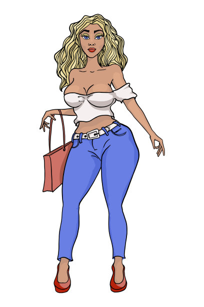 穿着牛仔裤摆造型的漂亮卡通女孩。曲线、身体积极多样的女性插画。图片下载