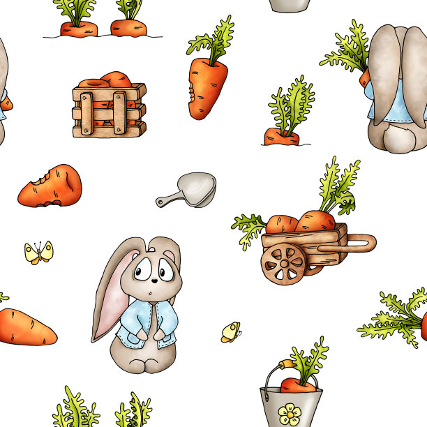 Рattern可爱的兔子，车，胡萝卜，盒子，桶和铁锹，蝴蝶素描黑色轮廓不同的元素孤立在白色的背景图片下载