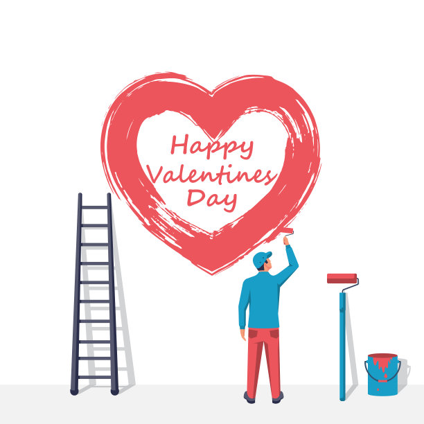 楼梯上的艺术家在墙上画了一颗大大的红心。枯燥乏味的中风图片下载