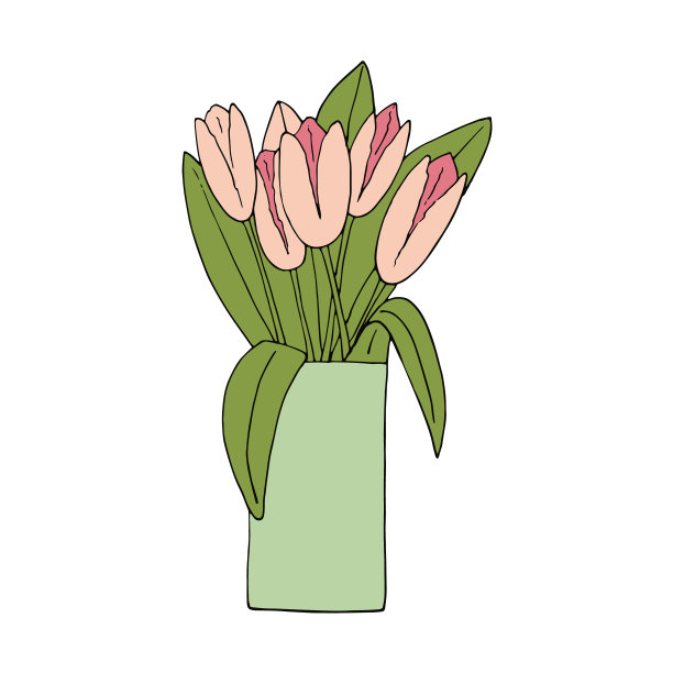 粉红郁金香花瓶花束图标，贴纸。手绘涂鸦风格的素描。极简主义。鲜花，春天，节日，装饰。图片下载