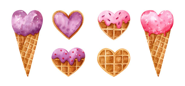 情人节水彩画，心形冰淇淋和华夫饼图片下载