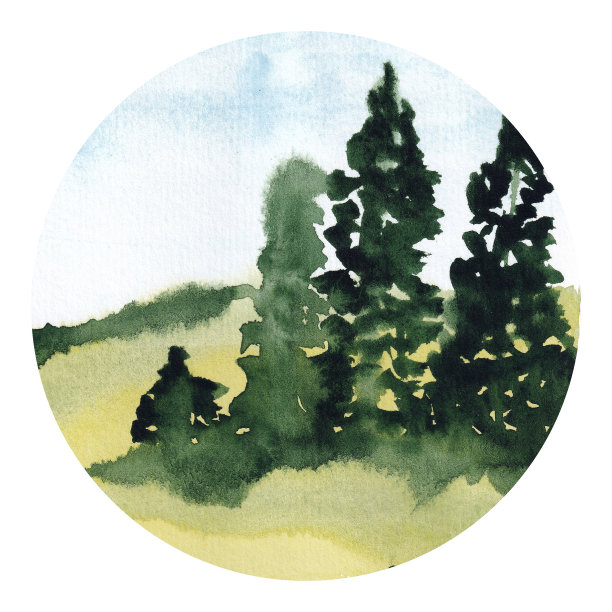水彩夏季景观与田野和森林树，抽象背景在圆圈孤立在白色背景贺卡，标志图片下载