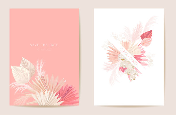 水彩兰花，潘帕斯草，月牙花婚礼卡。矢量异国鲜花，热带棕榈叶邀请。放荡不羁的模板框架。植物省枣叶封面，现代设计海报图片下载