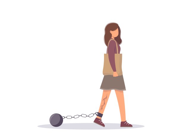 静脉曲张疾病。血栓形成和血栓性静脉炎。一位年轻妇女走路时腿痛。慢性静脉功能不全。腿上的链子作为比喻。孤立的矢量图。图片下载