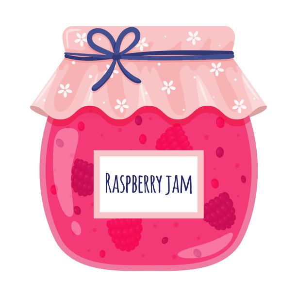 装有覆盆子果酱的玻璃罐子。甜食，浆果果酱，自制食物，零食，甜点。彩色矢量插图在卡通平面风格。孤立在白色背景上。图片下载