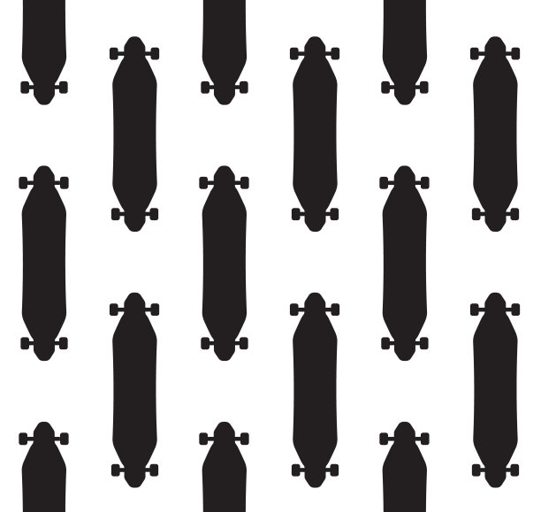 矢量无缝模式的平面黑色长板滑板剪影图片下载