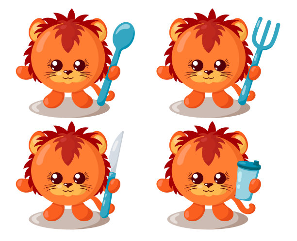 一套有趣可爱的卡哇伊狮子圆身体，勺子，叉子，刀和杯子在平面设计与阴影图片下载
