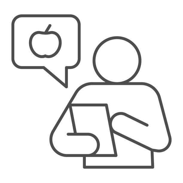 健康食品顾问与智能手机细线图标，饮食理念，水果聊天标志和人签名在白色背景，在线医生咨询服务图标轮廓风格。向量。图片下载