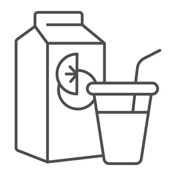 玻璃与吸管和果汁包装细线图标，饮食概念，新鲜有机饮料标志在白色背景，包装柑橘汁和玻璃图标在轮廓风格。矢量图形。图片下载