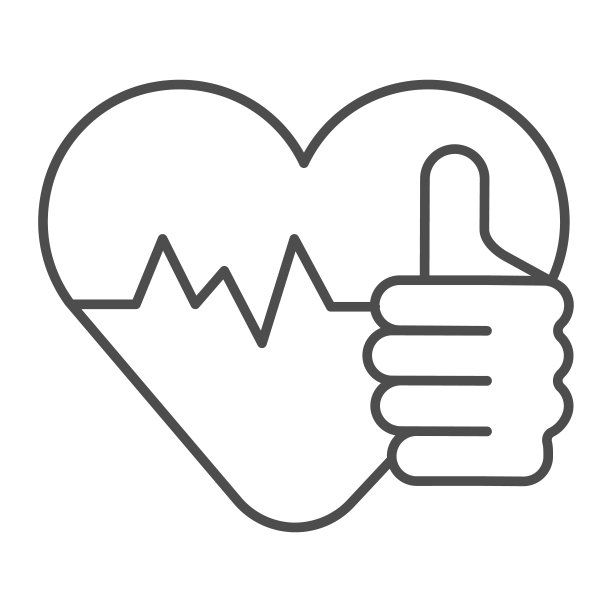 拇指向上和健康心脏细线图标，饮食概念，健康心脏标志在白色背景，良好的心率显示拇指向上图标轮廓风格的手机，网页设计。矢量图形。图片下载