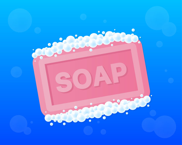 条状的肥皂泡沫在平面风格孤立在蓝色背景。矢量插图。图片下载