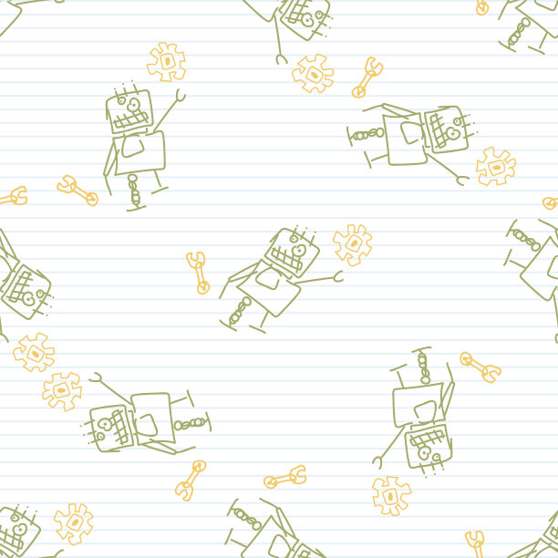 可爱蜡笔机器人涂鸦小孩涂鸦背景。手绘泥土异想天开的图案图案无缝。天真的机械角色卡通最小婴儿托儿所装饰。中性scandi风格中性。图片下载