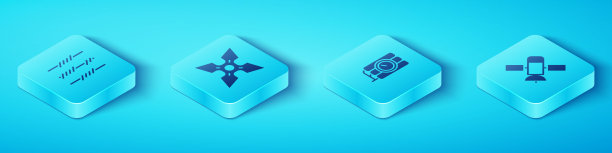 设置等距铁丝网，日本忍者飞镖，卫星和炸药和计时器时钟图标。向量图片下载