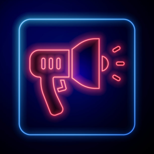 发光的霓虹灯警用扩音器图标孤立在蓝色背景。向量图片下载