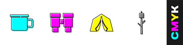 设置露营金属杯，双筒望远镜，旅游帐篷和棉花糖棒图标。向量图片下载