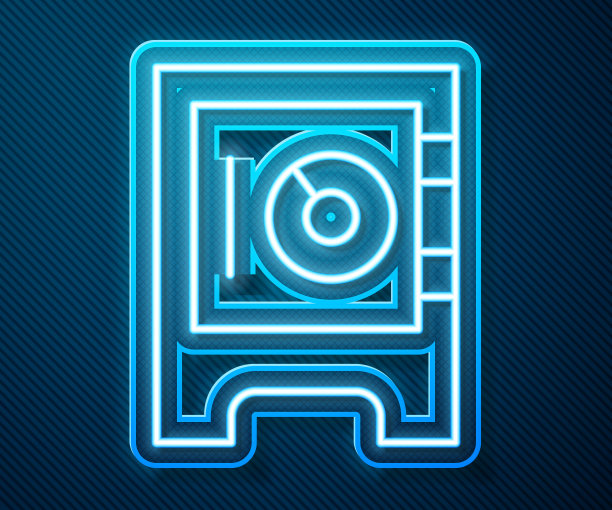 发光氖气线安全图标隔离在蓝色背景。这扇门是银行保险库的保险箱，上面有密码锁。可靠的数据保护。向量图片下载