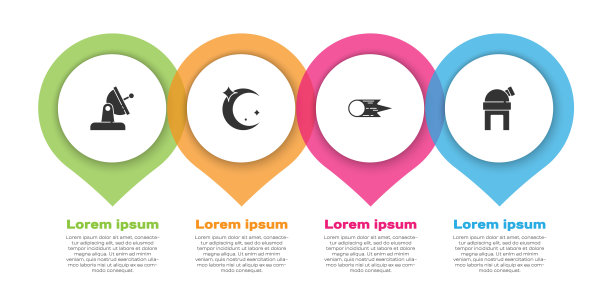 设置碟形卫星，月亮和星星，快速坠落的彗星和天文台。业务信息模板。向量图片下载