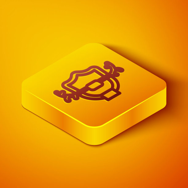 鹿角在盾牌图标上隔离在橙色背景上。墙上挂着狩猎奖杯。黄色正方形按钮。向量图片下载