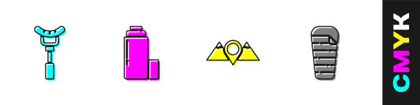 设置香肠叉，热水瓶容器，位置山脉和睡袋图标。向量图片下载