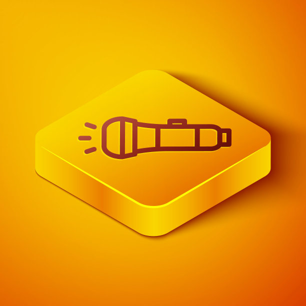 等距线手电筒图标隔离在橙色背景。黄色正方形按钮。向量图片下载