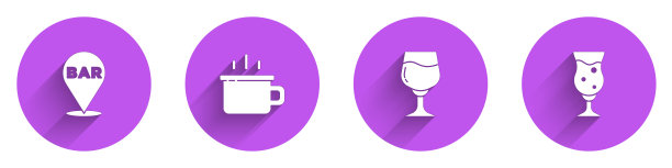 设置酒吧位置，咖啡杯，葡萄酒杯和玻璃啤酒图标与长影子。向量图片下载