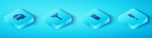 设置等角街招牌酒吧，马提尼杯，香槟杯和鸡尾酒血腥玛丽图标。向量图片下载