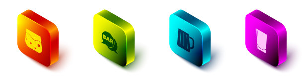 设置等距威士忌，街道招牌与酒吧，木制啤酒杯和水的图标。向量图片下载