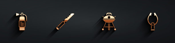 设置灭火器，面包刀，烧烤架和肉夹的图标与长影子。向量图片下载