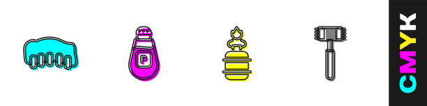 设置烤猪肉烧烤排骨，胡椒，露营煤气炉和厨房锤子图标。向量图片下载