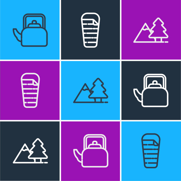 设置线水壶与手柄，山树和睡袋图标。向量图片下载