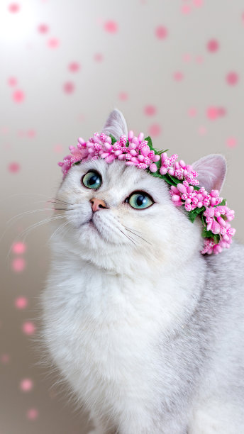 一只戴着粉色花冠的可爱的灰猫的肖像图片下载