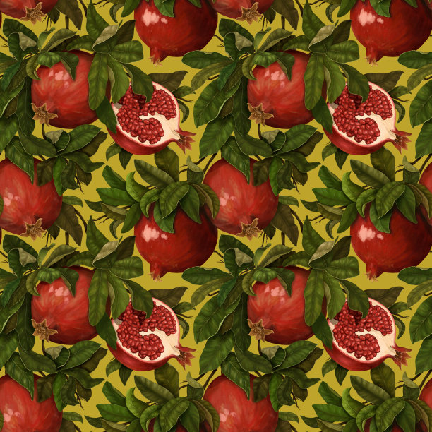 无缝植物模式与多汁明亮的石榴在绿色的叶子。图片下载