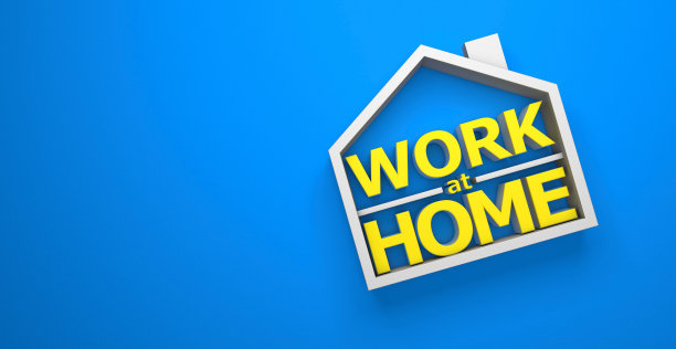 在家里工作。蓝色背景上的房子。为文本复制空间。3 d渲染。图片下载