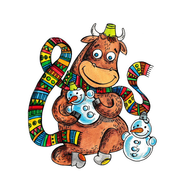 水彩插图，围巾公牛和许多雪人图片下载