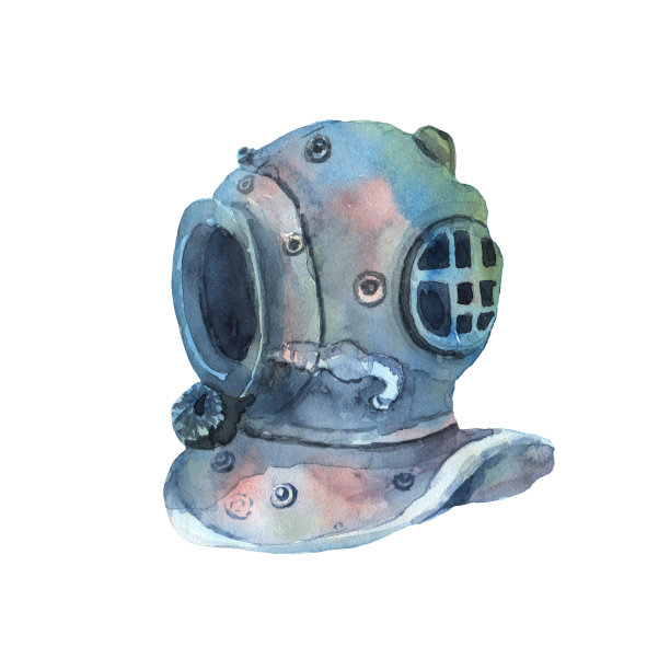 蓝色隔离潜水头盔手绘水彩。水下世界插图海报。图片下载