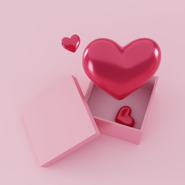 3d礼品盒与光滑的粉色爱心气球图片下载