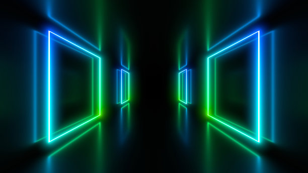 霓虹灯照亮的黑暗走廊。地板上和墙上的倒影。3 d渲染图像。图片下载